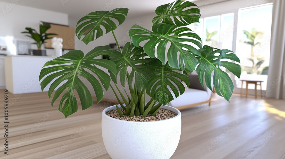 A vibrant monstera plant in a modern indoor setting, enhancing the room's aesthetics.