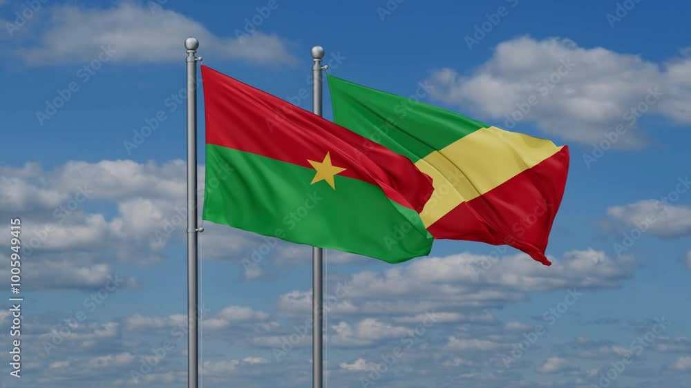 Republic of the Congo and Burkina Faso flags flying together, video concept of the relationship, two country relations concept Republic of the Congo and Burkina Faso flags flying together, video concept of the relationship, two country relations concept