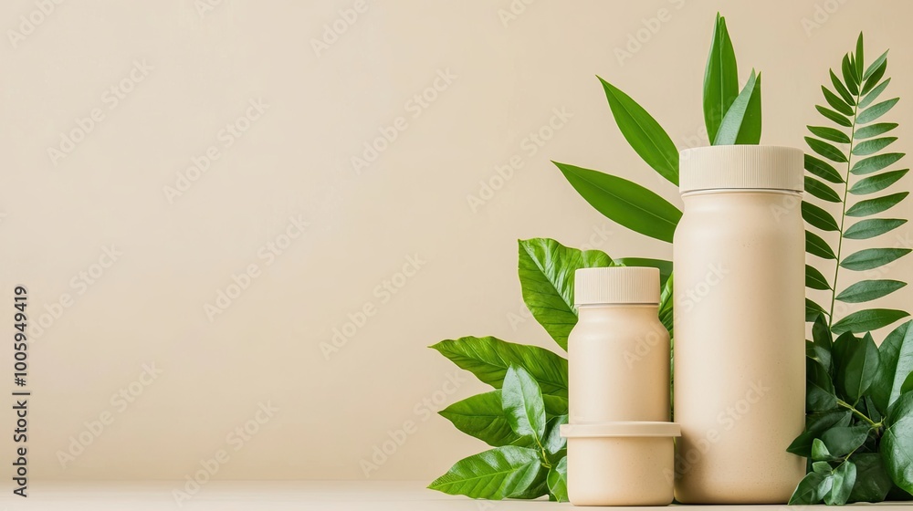 Natural bottles surrounded by green leaves on a soft background, ideal for eco-friendly product displays and organic branding. Natural bottles surrounded by green leaves on a soft background, ideal for eco-friendly product displays and organic branding.
