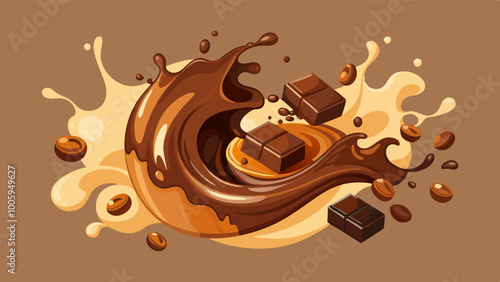 splashes and drops of melted dark chocolate, hot coffee and milk flow mixed