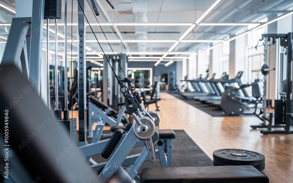 Modern gym interior with weight machines and treadmills. Modern gym interior with weight machines and treadmills.