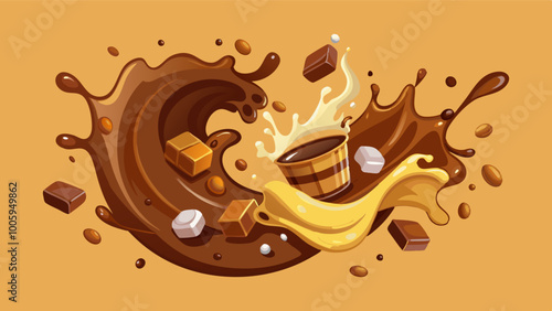 splashes and drops of melted dark chocolate, hot coffee and milk flow mixed