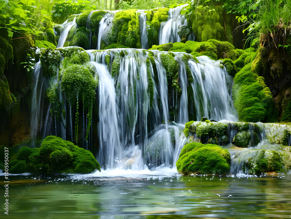 A serene waterfall flows gently over a moss-covered rock creating a peaceful and tranquil scene. A serene waterfall flows gently over a moss-covered rock creating a peaceful and tranquil scene.