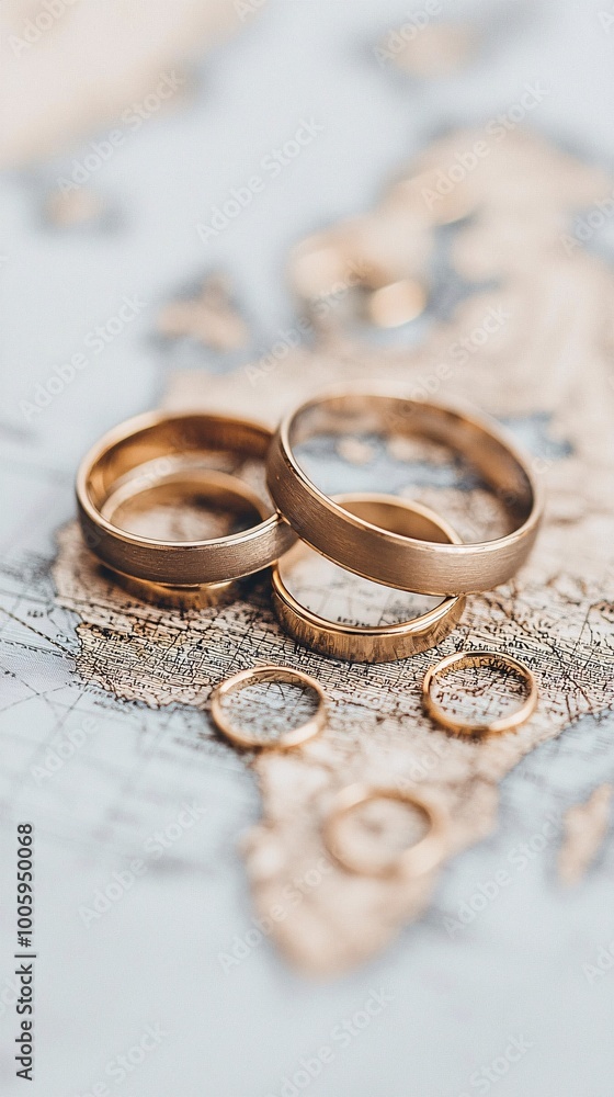 Gold rings scattered on a map, representing a treasure hunt across continents, gold rings on map, adventure and discovery Gold rings scattered on a map, representing a treasure hunt across continents, gold rings on map, adventure and discovery