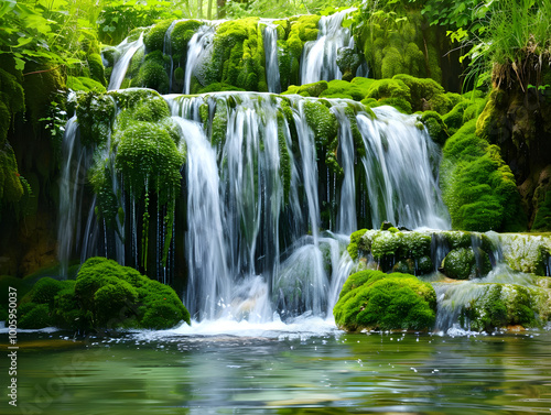 A serene waterfall flows gently over a moss-covered rock creating a peaceful and tranquil scene.