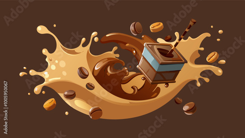 splashes and drops of melted dark chocolate, hot coffee and milk flow mixed