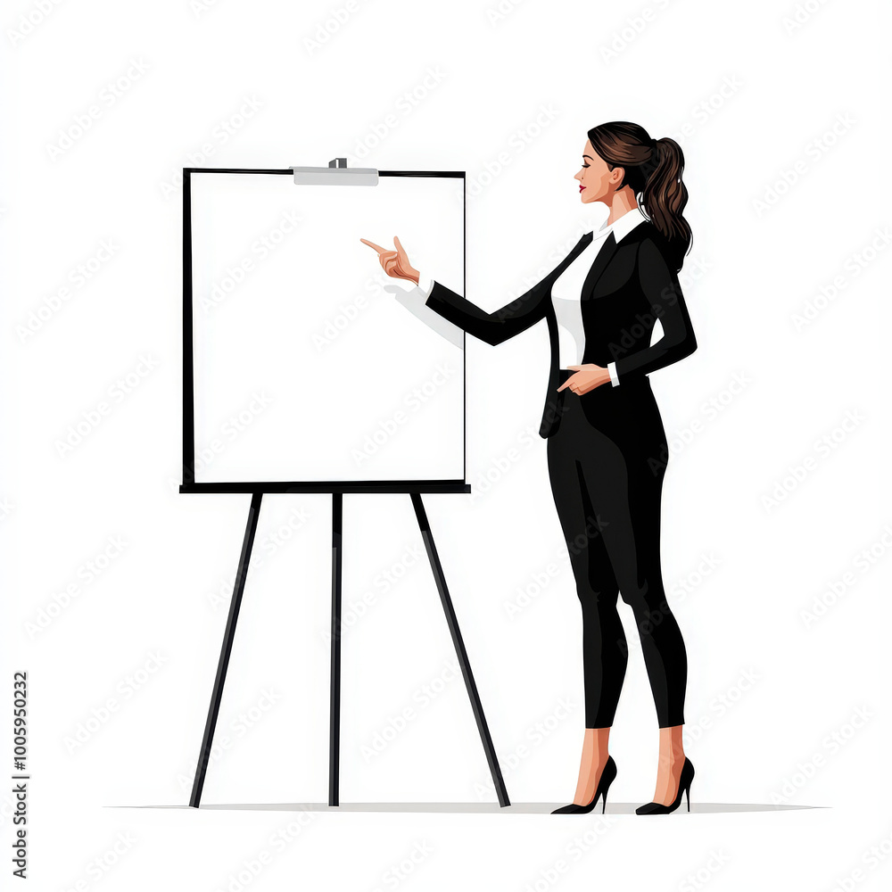 Woman presenting at a blank whiteboard in a business setting Woman presenting at a blank whiteboard in a business setting