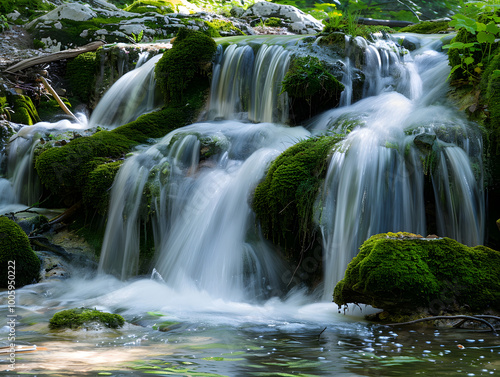 Peaceful waterfall flows gently down a lush, moss-covered rock face in a tranquil forest setting. photo