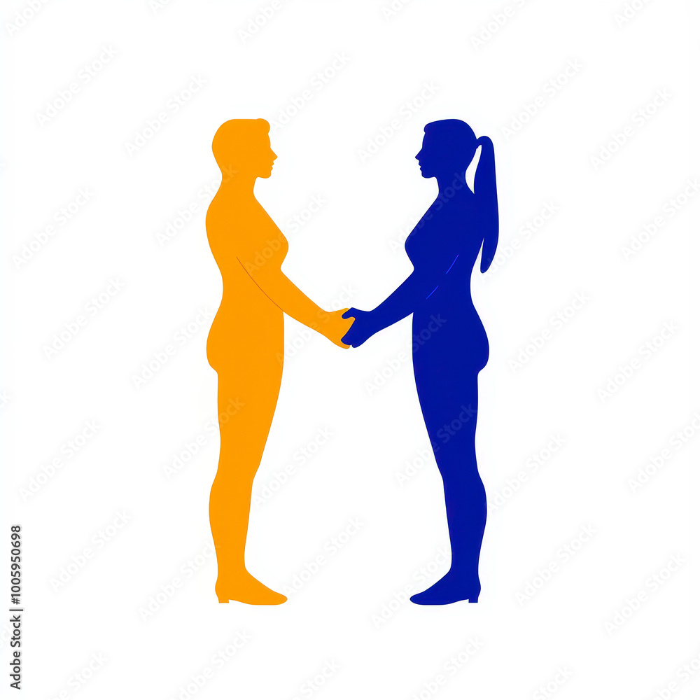 Two silhouettes facing each other, yellow and blue, holding hands Two silhouettes facing each other, yellow and blue, holding hands