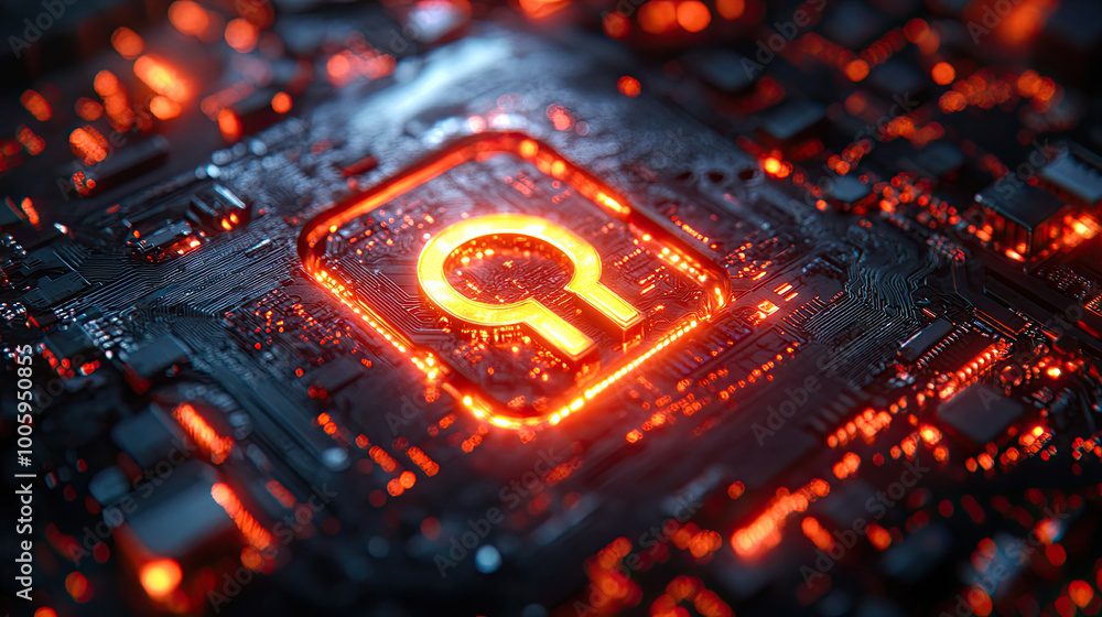 A close-up of an orange, glowing keyhole on a circuit board, with one finger about to press it down. Created with Ai A close-up of an orange, glowing keyhole on a circuit board, with one finger about to press it down. Created with Ai