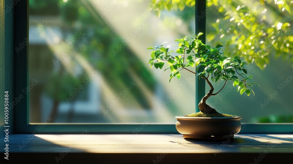 A small bonsai tree sits on a windowsill, illuminated by soft sunlight and greenery outside. A small bonsai tree sits on a windowsill, illuminated by soft sunlight and greenery outside.