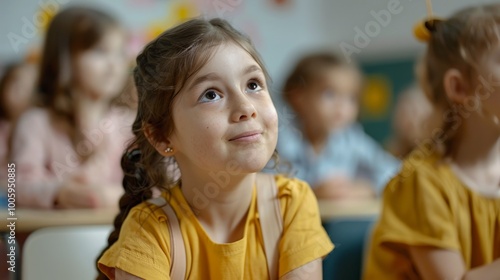 Wallpaper Mural Talented Small Girl Asking Teacher a Question in Class. Portrait of a Happy Elementary School Student Studying Hard, Learning New Things, Getting Modern Education Together with Other Diverse Kids, Torontodigital.ca
