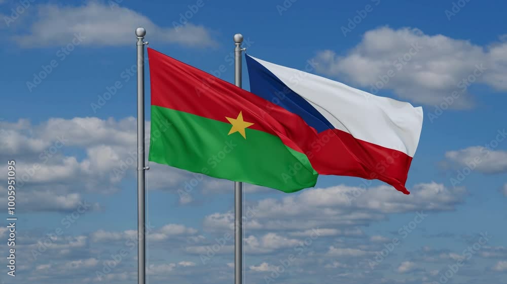 Czech Republic and Burkina Faso flags flying together, video concept of the relationship, two country relations concept Czech Republic and Burkina Faso flags flying together, video concept of the relationship, two country relations concept