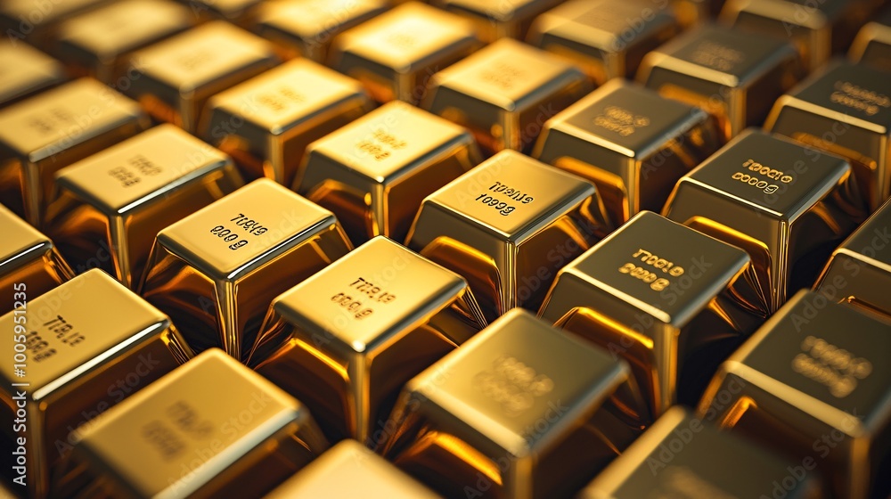 A close-up of gold bars stacked neatly, reflecting light in a luxurious display, gold bars, wealth and luxury A close-up of gold bars stacked neatly, reflecting light in a luxurious display, gold bars, wealth and luxury