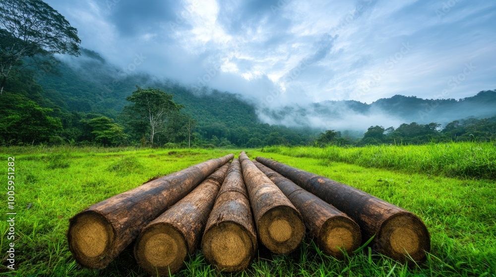 Scenic view of logs arranged on vibrant green grass with mountains and clouds in the background, capturing nature's tranquility. Scenic view of logs arranged on vibrant green grass with mountains and clouds in the background, capturing nature's tranquility.