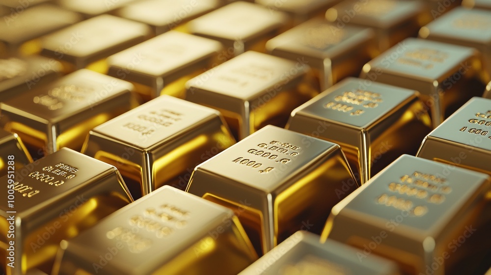 A close-up of gold bars stacked neatly, reflecting light in a luxurious display, gold bars, wealth and luxury A close-up of gold bars stacked neatly, reflecting light in a luxurious display, gold bars, wealth and luxury