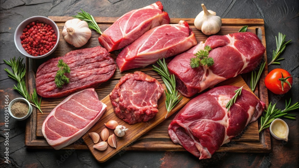 Assorted raw meats including beef, chicken, pork, and lamb on a cutting board , raw, meat, beef, chicken, pork, lamb Assorted raw meats including beef, chicken, pork, and lamb on a cutting board , raw, meat, beef, chicken, pork, lamb