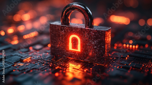 A lock symbol on a computer chip, a security concept background with close-up views of padlocks and a circuit board. Created with Ai