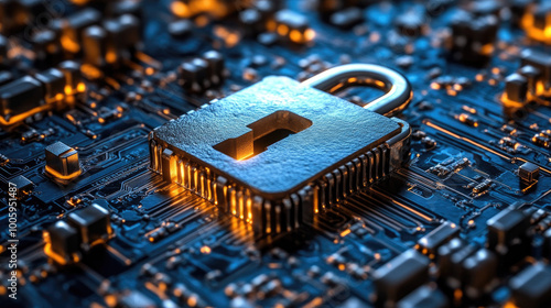 A digital lock icon on top of an advanced computer circuit board. Created with Ai