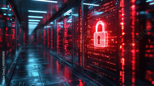 A glowing red lock icon on top of an intricate circuit board, symbolizing the concept of digital security and data protection. Created with Ai