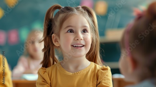 Talented Small Girl Asking Teacher a Question in Class. Portrait of a Happy Elementary School Student Studying Hard, Learning New Things, Getting Modern Education Together with Other Diverse Kids,