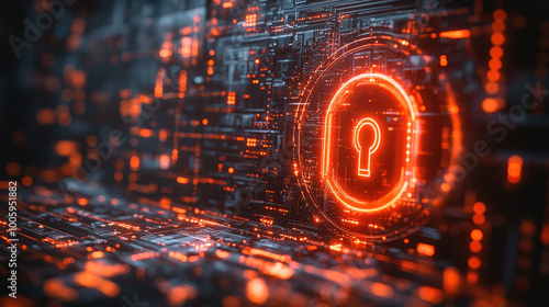  A glowing keyhole on the right side of an electronic screen, surrounded by swirling digital code and symbols representing security in orange tones. Created with Ai