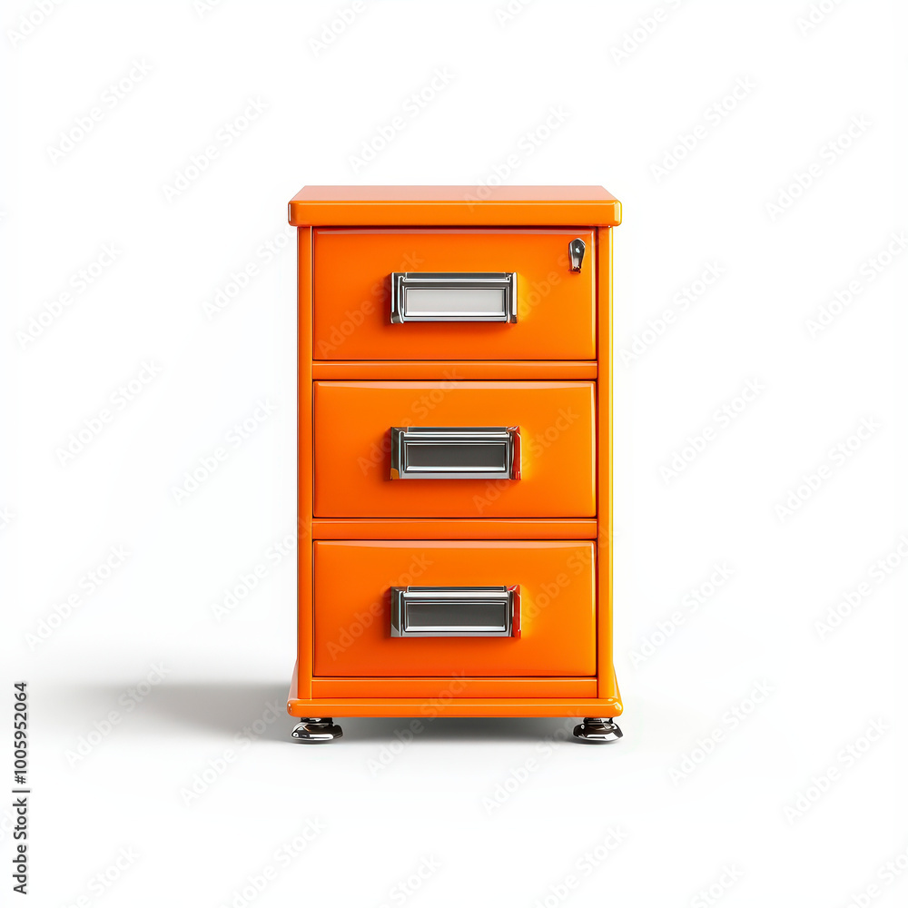 Bright orange metal filing cabinet with three drawers and chromed handles Bright orange metal filing cabinet with three drawers and chromed handles