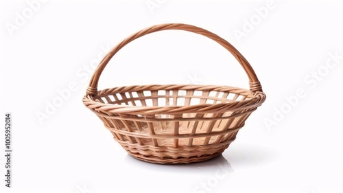 Empty wicker basket with handle, isolated on white background.