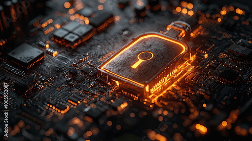 A glowing lock icon on top of an intricate circuit board, symbolizing advanced security technology in the world's most opulent and high-tech products. Created with Ai