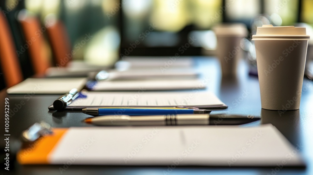 A close-up of a management meeting agenda on a table, with notebooks, pens, and coffee cups, symbolizing preparation and focus A close-up of a management meeting agenda on a table, with notebooks, pens, and coffee cups, symbolizing preparation and focus