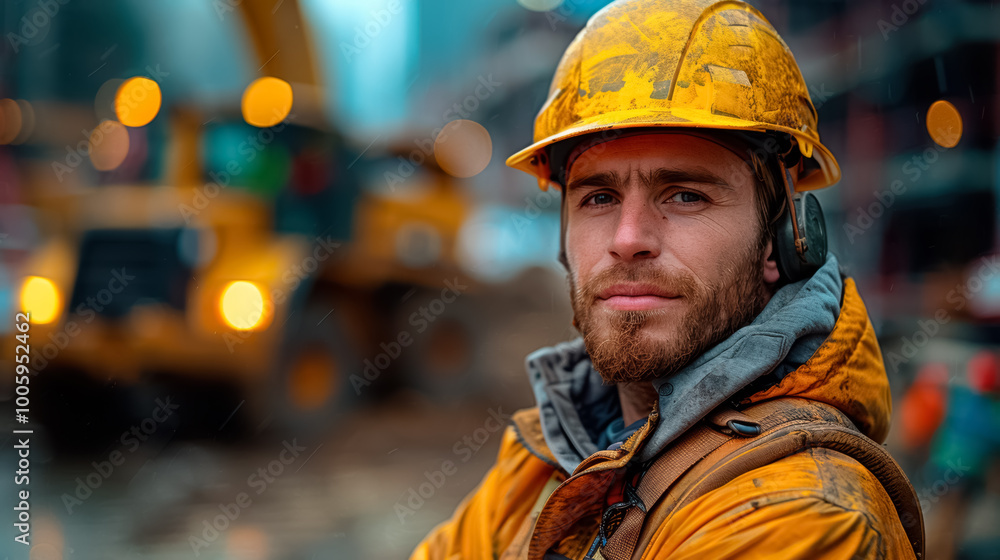 Construction equipment operator stands in front of a construction site vehicle Construction equipment operator stands in front of a construction site vehicle