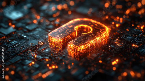 A glowing question mark on an electronic circuit board, with intricate details and vibrant orange lighting. Created with Ai