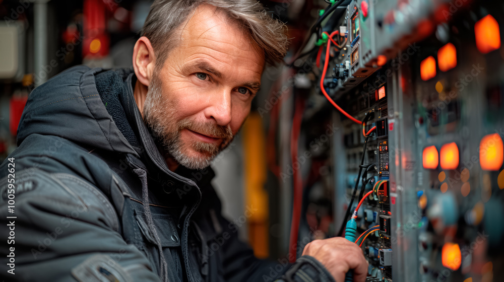 Professional electrician man works in a switch board with an electrical connecting cable Professional electrician man works in a switch board with an electrical connecting cable