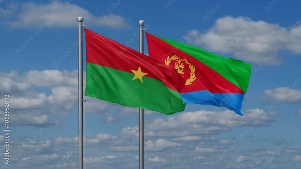 Eritrea and Burkina Faso flags flying together, video concept of the relationship, two country cooperation concept Eritrea and Burkina Faso flags flying together, video concept of the relationship, two country cooperation concept