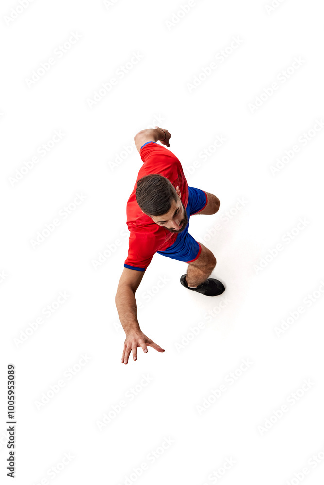 Top view dynamic image of young man, handball player in motion, throwing ball with power, training isolated on white background. Concept of sport, active and healthy lifestyle, hobby Top view dynamic image of young man, handball player in motion, throwing ball with power, training isolated on white background. Concept of sport, active and healthy lifestyle, hobby