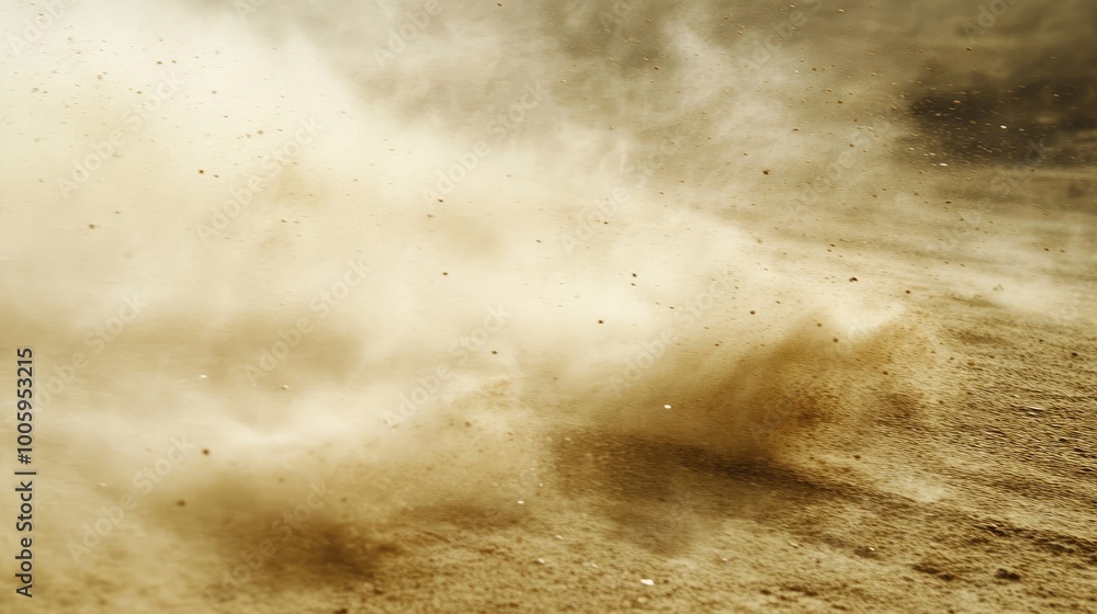 A close-up of a sandstorm in motion, with fine grains of sand being blown across the desert surface, creating a sense of movement and intensity.