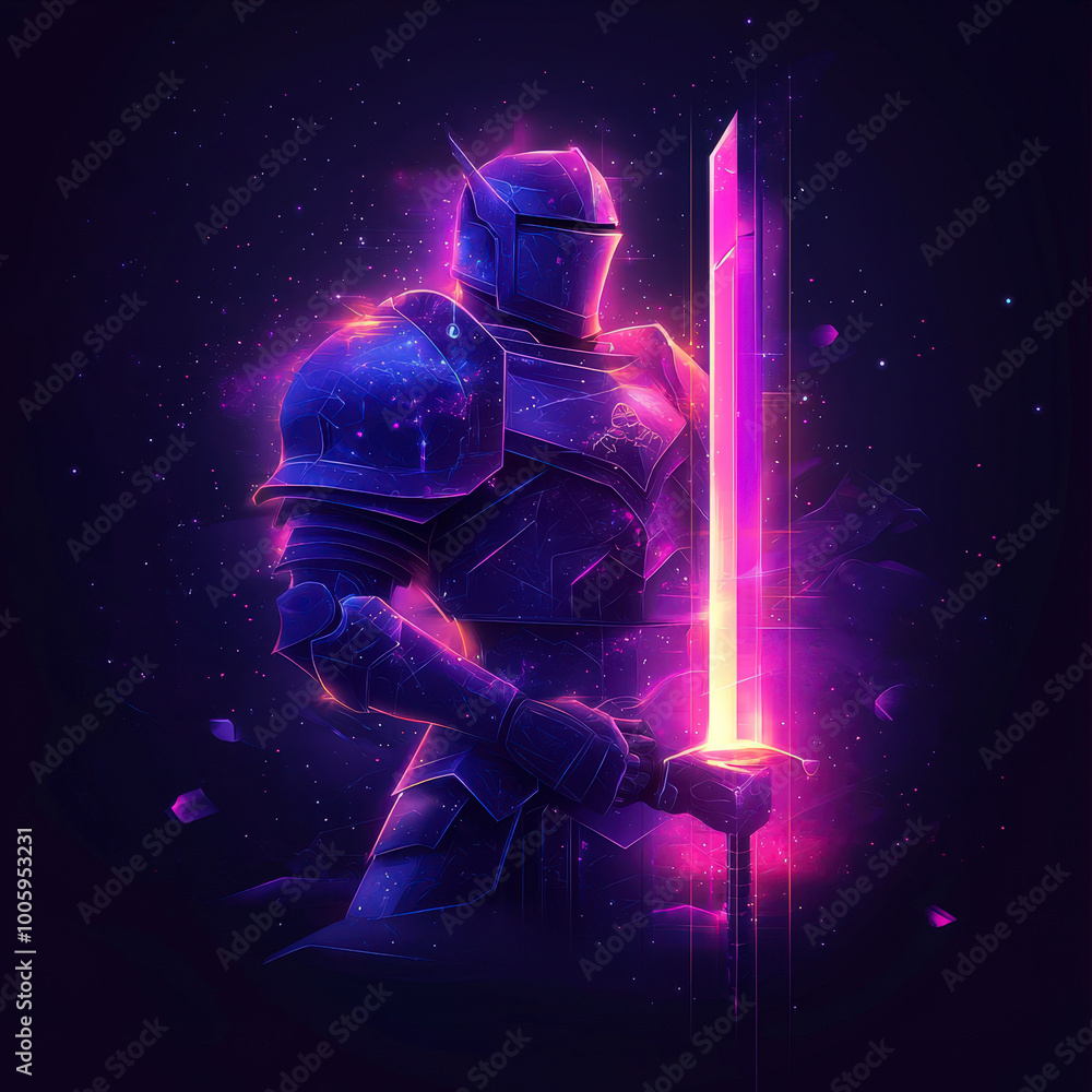 Naklejka premium Futuristic knight in glowing armor holding a neon sword in space