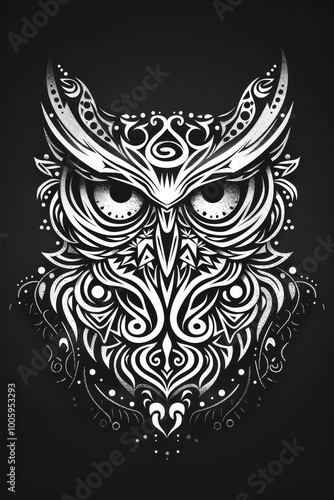 Owl head with intricate tribal designs in copy space.