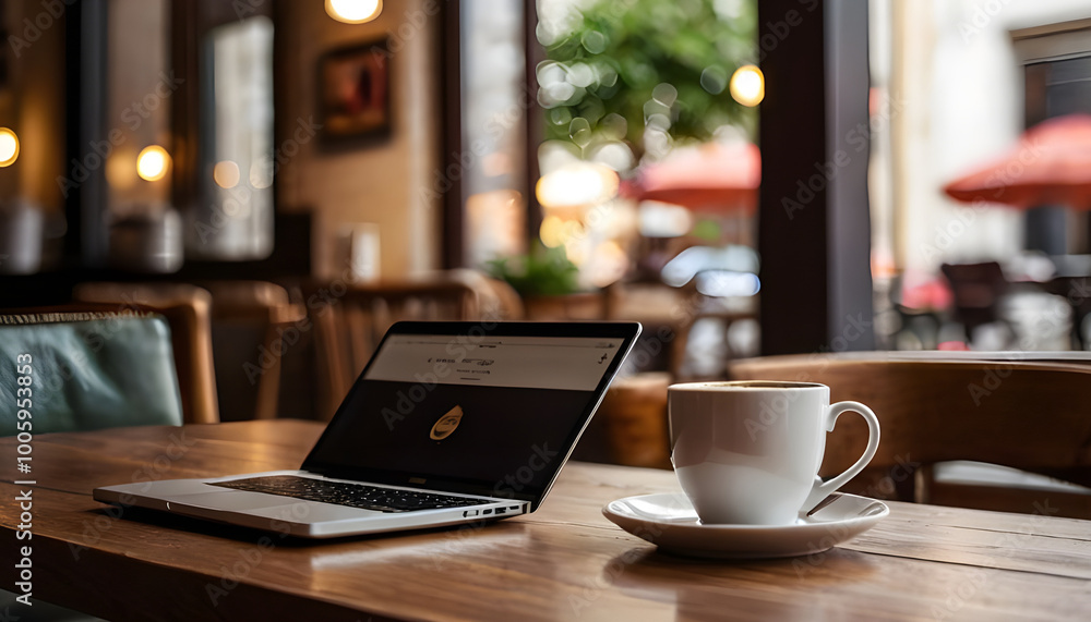 Coffee shop interior laptop on wooden table white coffee cup soft focus background business meeting with partner or client morning freelance lifestyle minimalist concept Coffee shop interior laptop on wooden table white coffee cup soft focus background business meeting with partner or client morning freelance lifestyle minimalist concept