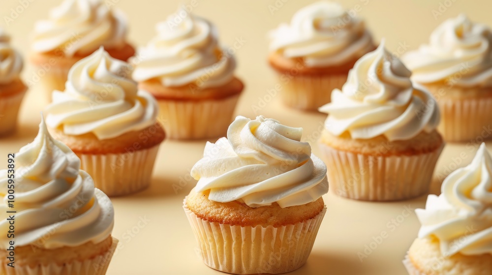 Tasty vanilla cupcakes with cream on pale yellow background, Tasty vanilla cupcakes with cream on pale yellow background,