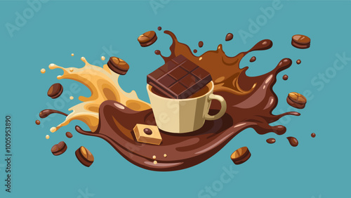 splashes and drops of melted dark chocolate, hot coffee and milk flow mixed