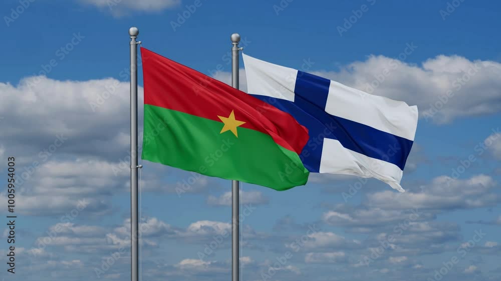 Finland and Burkina Faso flags flying together, video concept of the relationship, two country relations concept Finland and Burkina Faso flags flying together, video concept of the relationship, two country relations concept