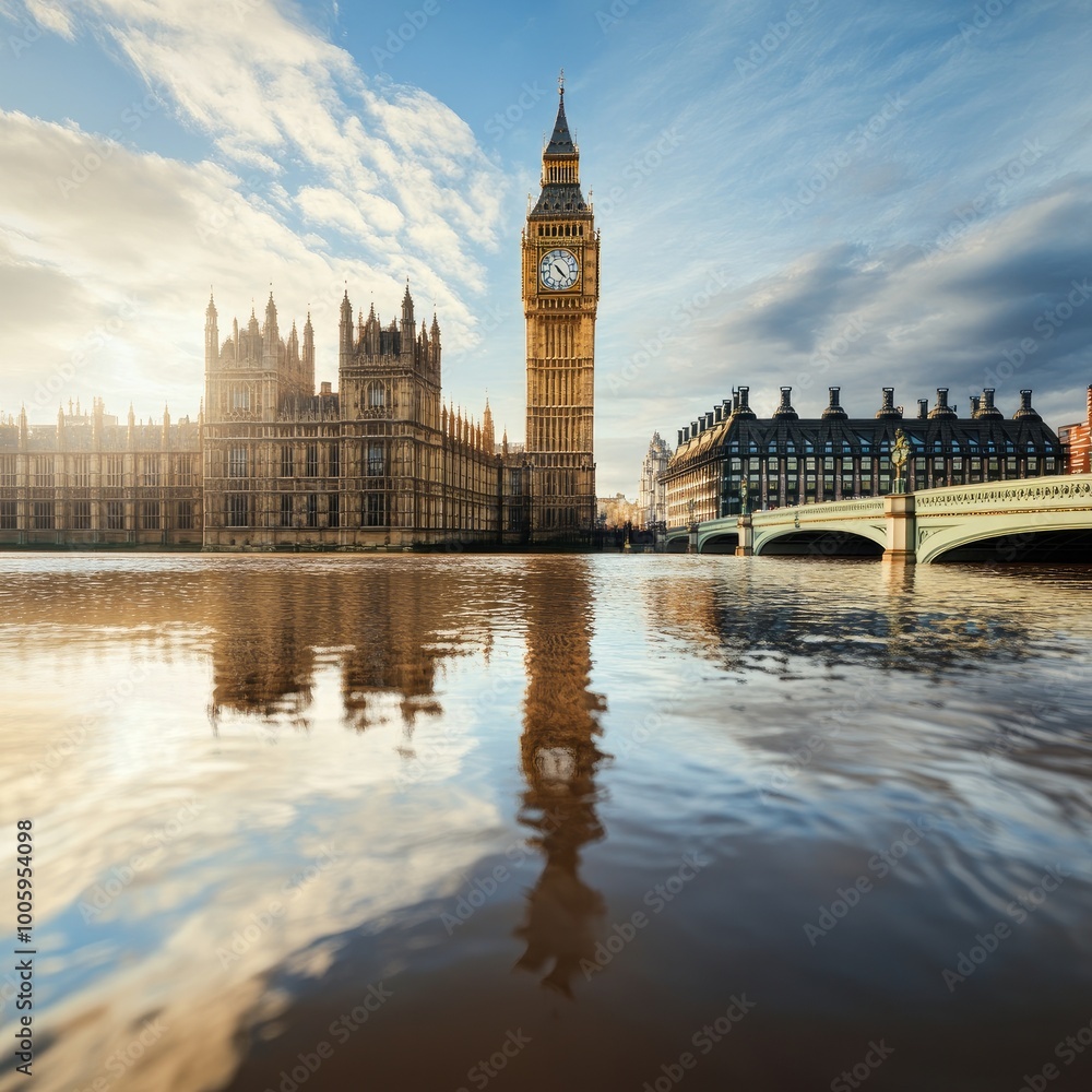 Stunning view of Big Ben and the Houses of Parliament reflected in the river, with a dramatic sky enhancing the London's skyline. Stunning view of Big Ben and the Houses of Parliament reflected in the river, with a dramatic sky enhancing the London's skyline.