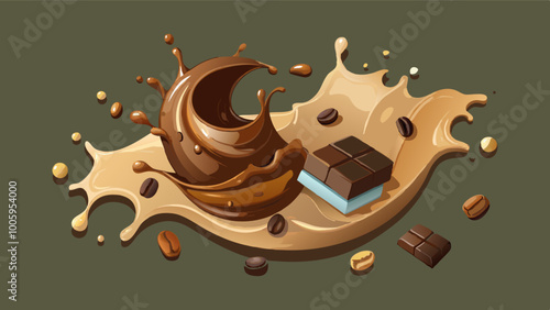 splashes and drops of melted dark chocolate, hot coffee and milk flow mixed