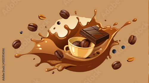 splashes and drops of melted dark chocolate, hot coffee and milk flow mixed