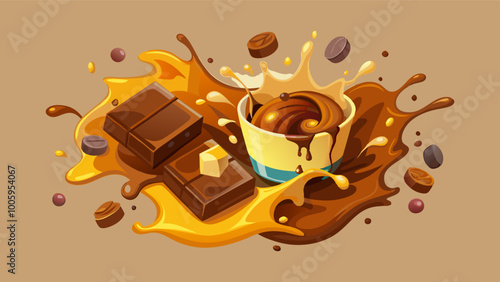 splashes and drops of melted dark chocolate, hot coffee and milk flow mixed