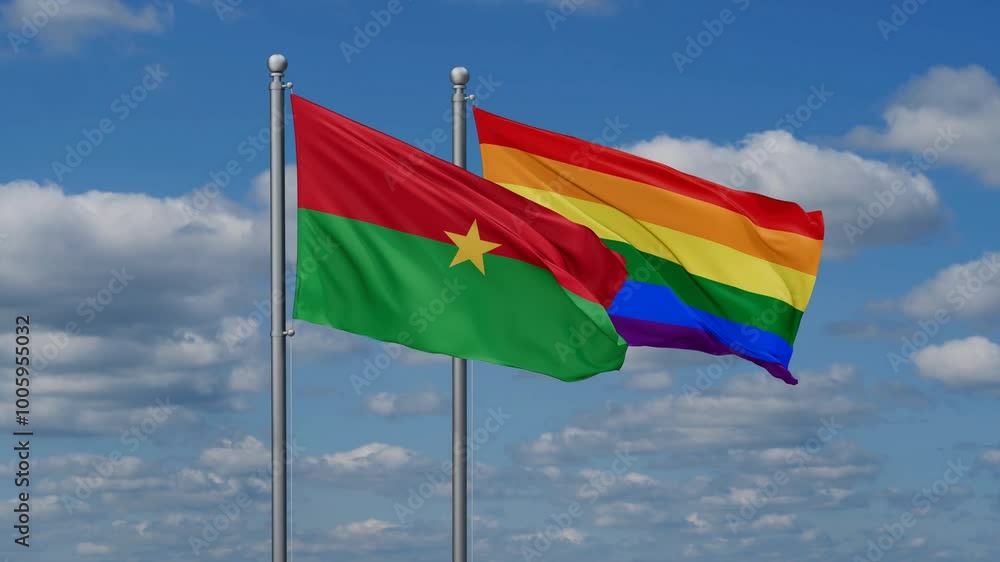 LGBT movement flag also Gay Pride and Burkina Faso two flags waving cycle looped video, tolerance conception in country LGBT movement flag also Gay Pride and Burkina Faso two flags waving cycle looped video, tolerance conception in country