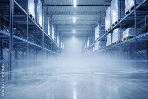 A Minimalist Empty Refrigerated Warehouse Showcasing Sleek Steel Shelving Units