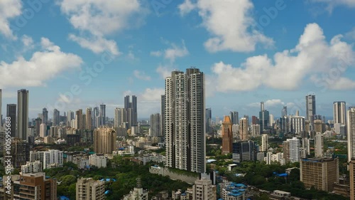 Arial view of Mumbai Skyline, high-rise buildings in Mumbai, Maharashtra India. Cinematic Timelapse shot of Indian cityscape. Most Posh Areas of Worli-Lower Parel in Mumbai. photo