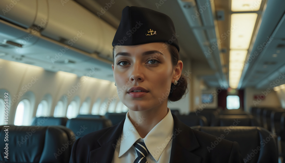 Airline stewardess in uniform and cap, looking with confidence at the camera inside an airplane cabin Airline stewardess in uniform and cap, looking with confidence at the camera inside an airplane cabin